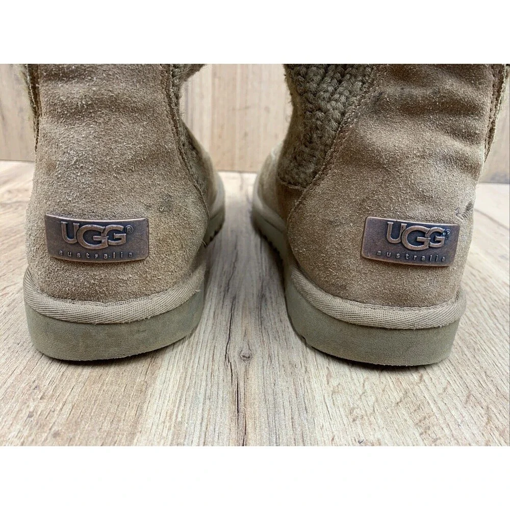 UGG AUSTRALIA Sock Boots Girls 3 Brown Suede Leather & Textile Fur String 5921